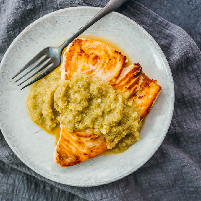 keto swordfish topped with salsa verde