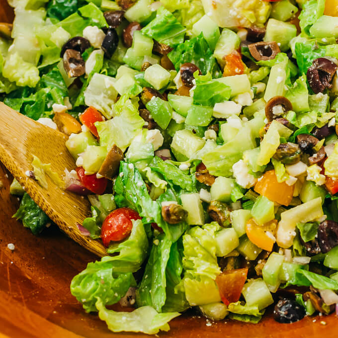 close up view of tossing salad