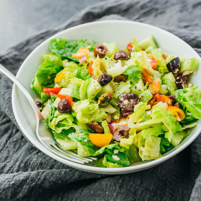 mediterranean salad in white bowl