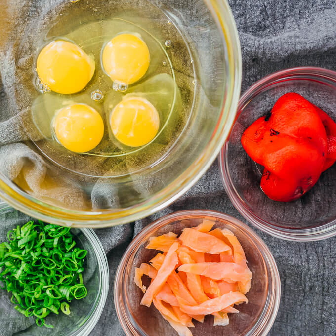 eggs, scallions, smoked salmon, and roasted red peppers