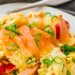 close up view of smoked salmon scrambled eggs