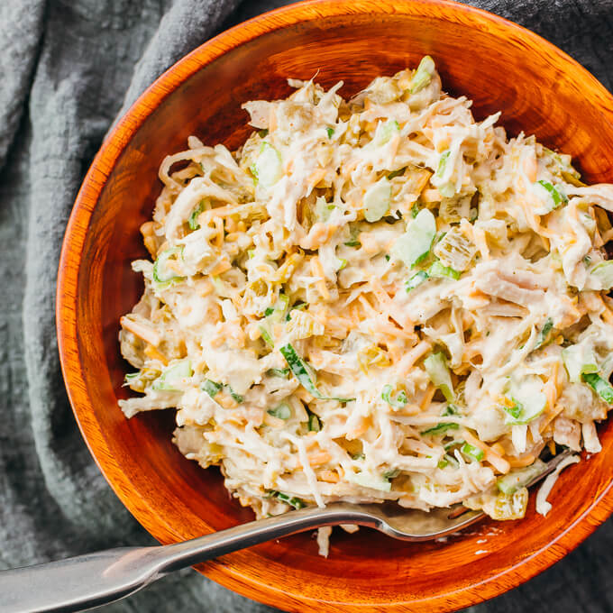 overhead view of wooden bowl with keto chicken salad