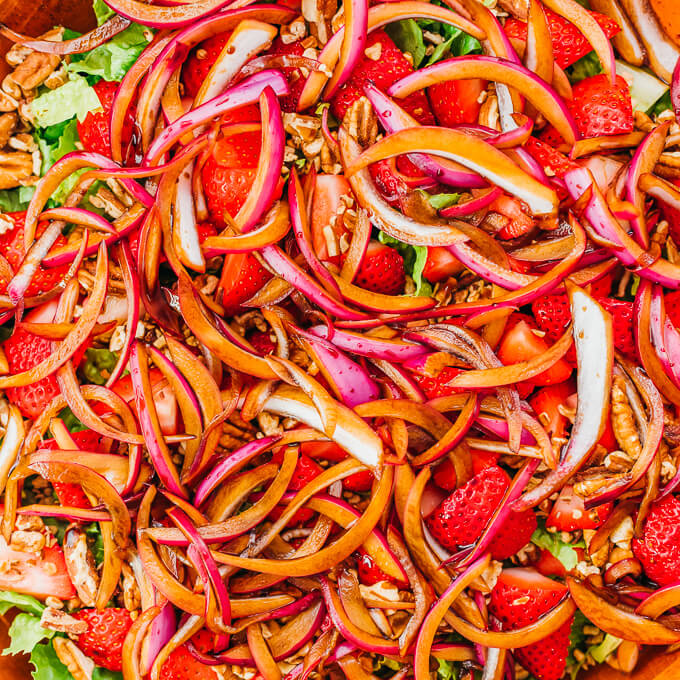 balsamic soaked onions over a salad