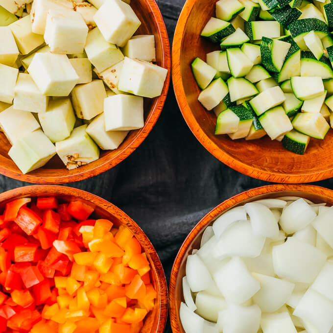 chopped vegetables for making ratatouille