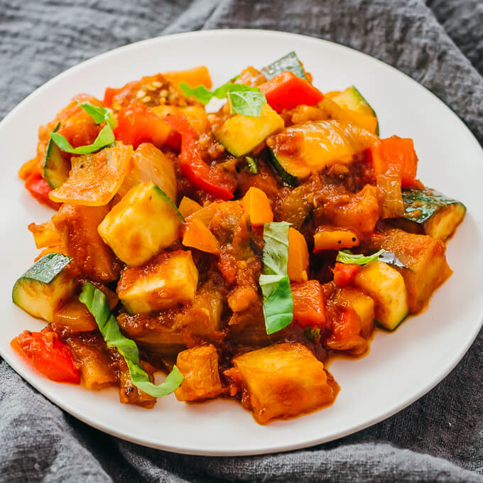 low carb ratatouille served on a white plate