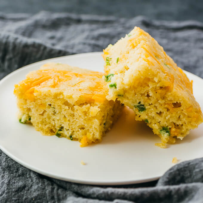 jalapeno cornbread slices on white plate