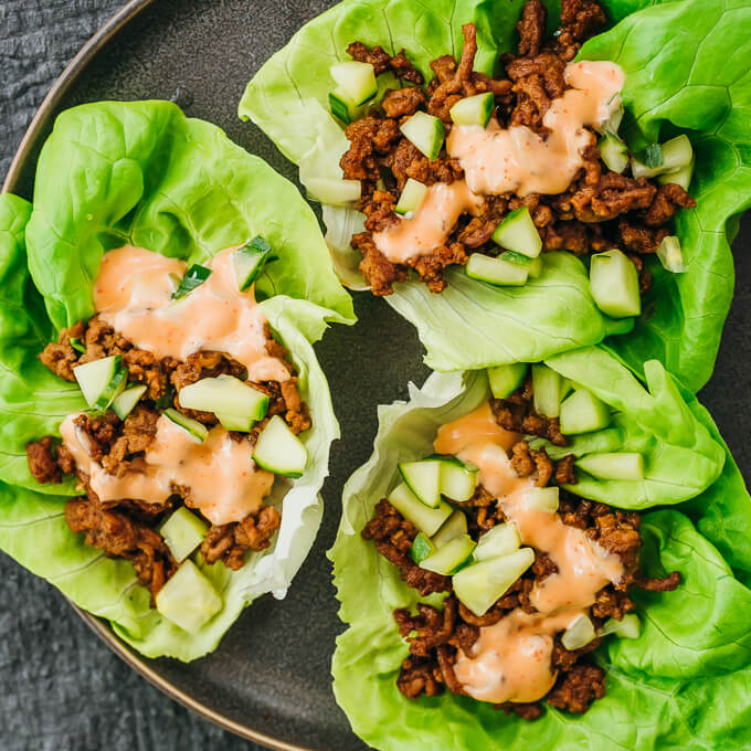 keto lettuce wraps with asian toppings and spicy mayo