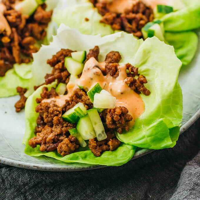 close up view of asian lettuce wrap
