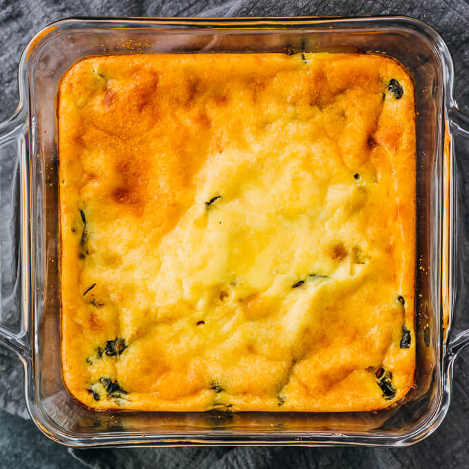 freshly baked egg casserole in baking dish