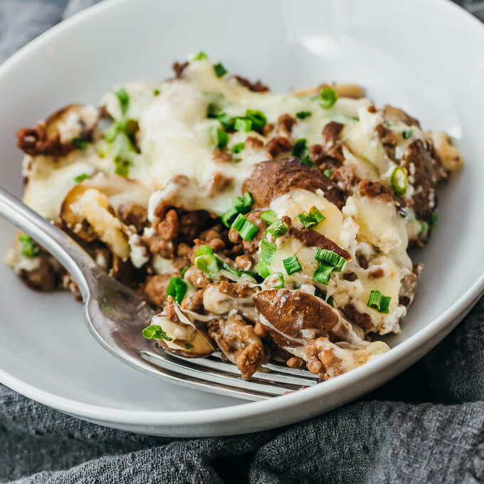 mushroom burger casserole served in white bowl