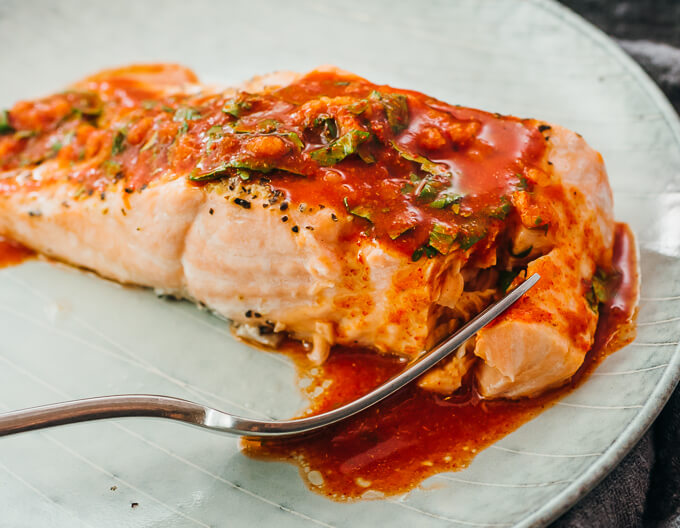 flaky tender salmon on a plate