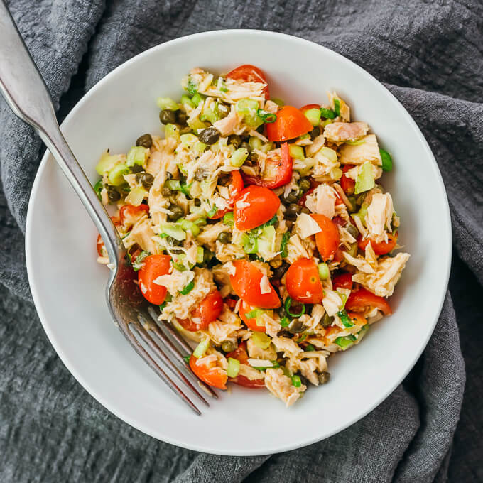 mixed tuna salad in white bowl