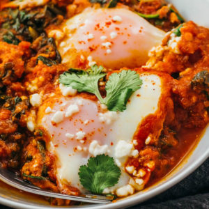 low carb spinach shakshuka with eggs and feta cheese