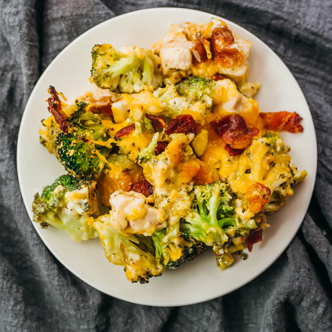 chicken bacon ranch casserole served on white plate