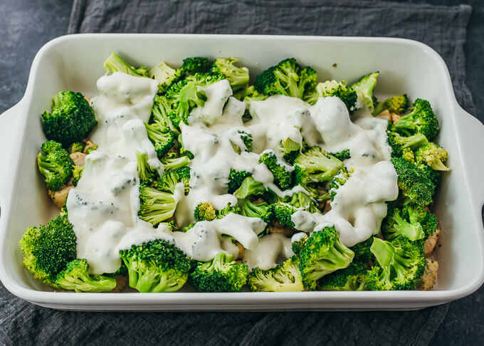 ranch dressing and broccoli in baking dish