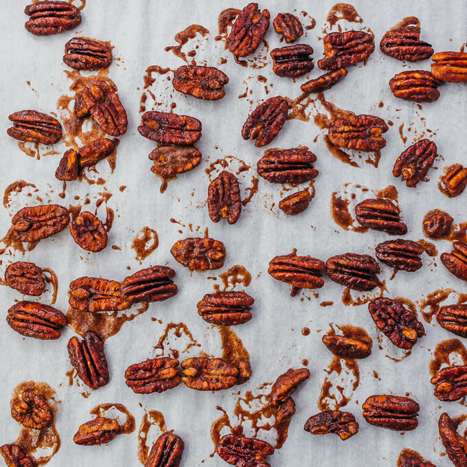 pecans on baking sheet after roasting