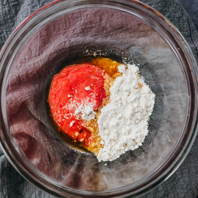 strawberry puree and powdered sweetener in bowl