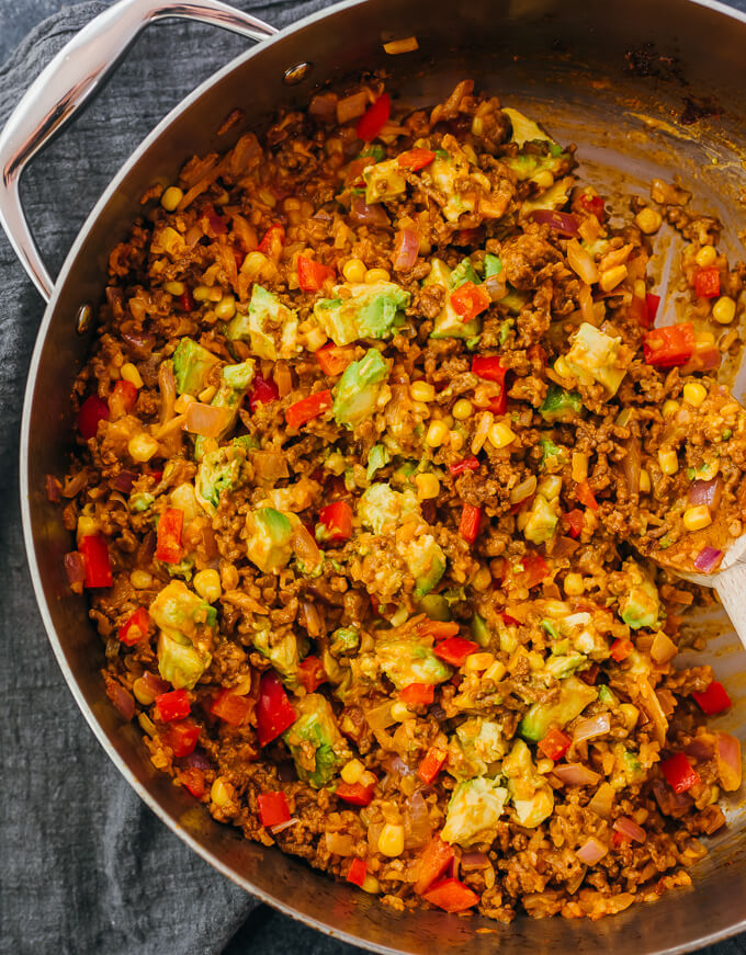 southwest beef and rice cooking in pan