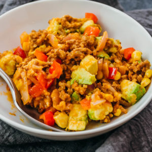 southwest beef and rice served in white bowl