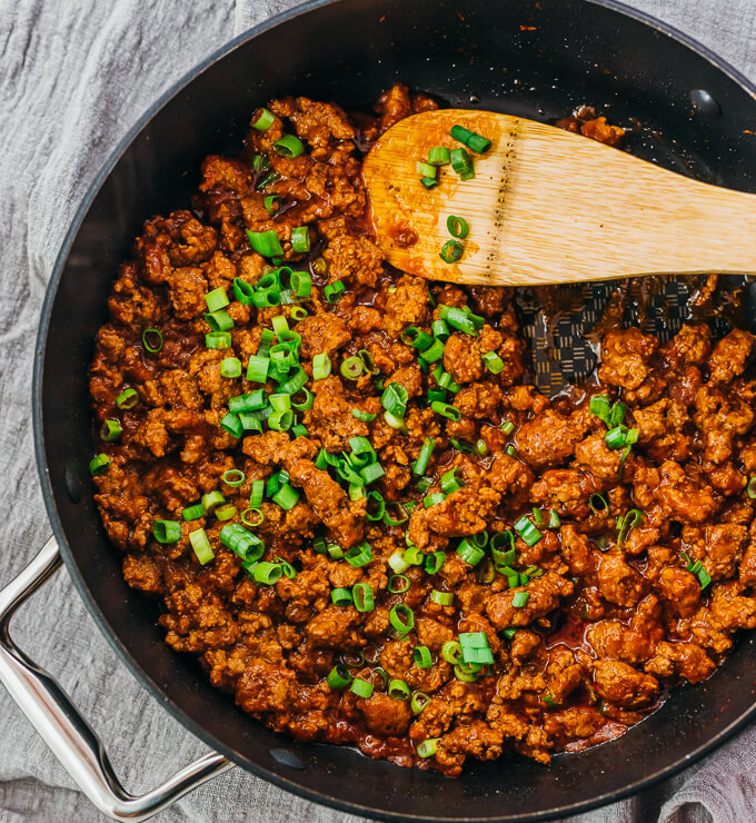 overhead view of asian sloppy joes in pan