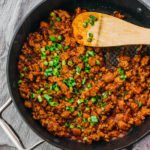 overhead view of asian sloppy joes in pan