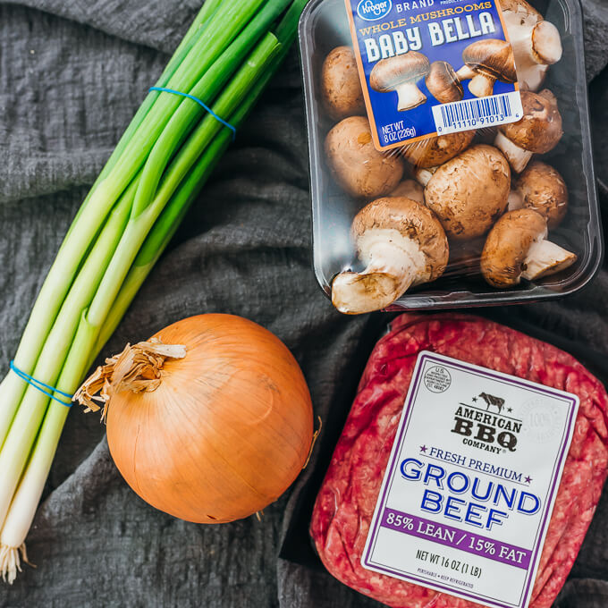 ingredients for ground beef mushroom onion stir fry