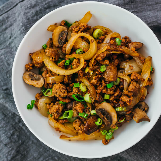 ground beef stir fry in white bowl