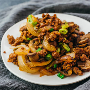ground beef stir fry served on white plate