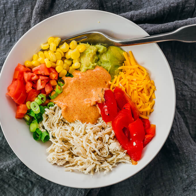 overhead view of chicken burrito bowl