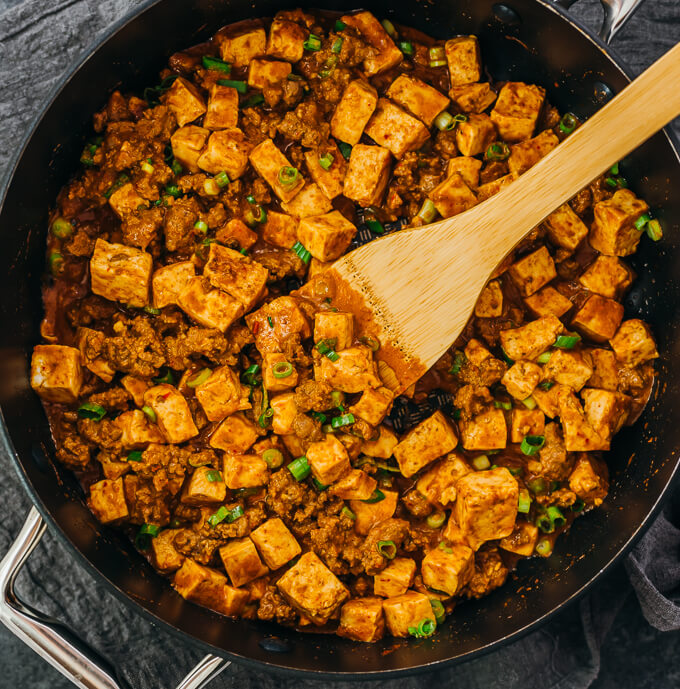 overhead view of mapo tofu in black skillet