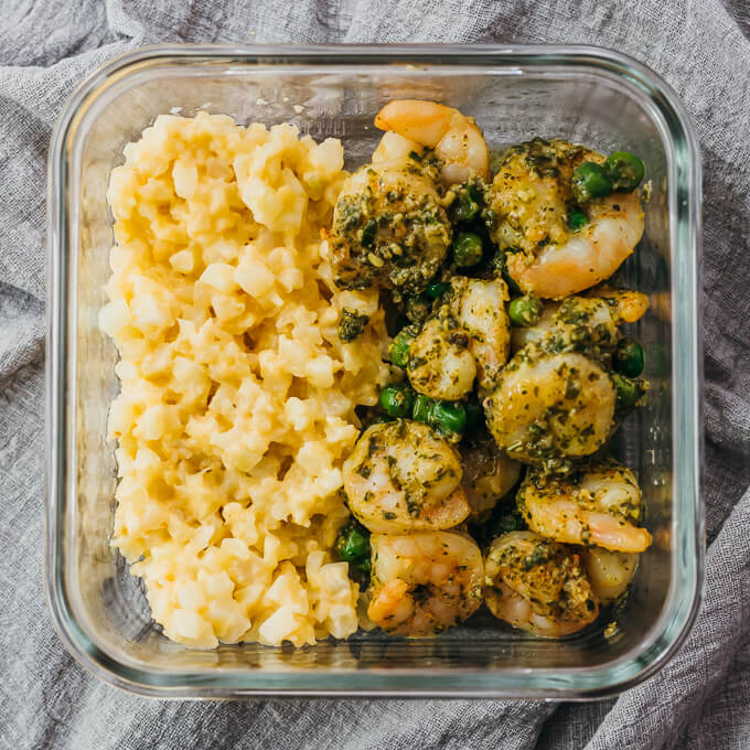 pesto shrimp and cauliflower mash in glass container