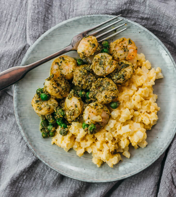 pesto shrimp and cauliflower mash served on plate