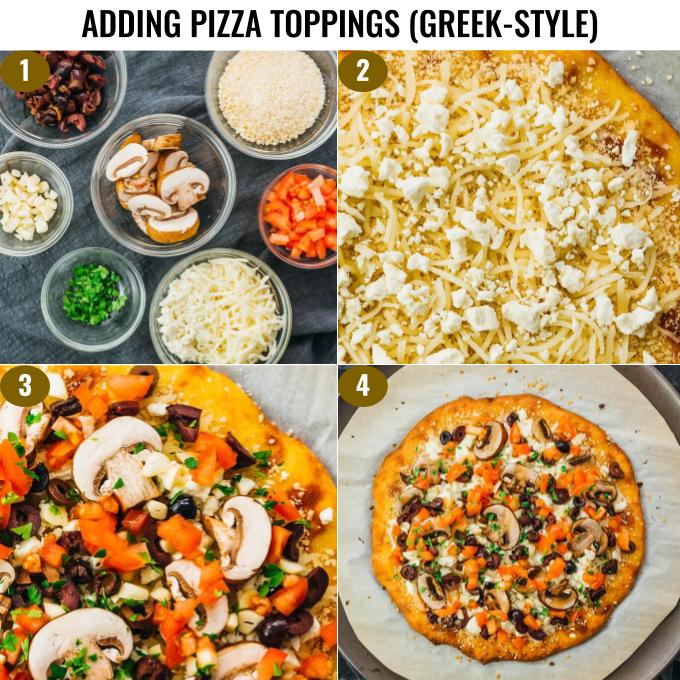 step by step on how to add greek pizza toppings