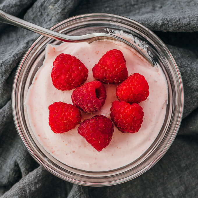 keto raspberry mousse served in bowl