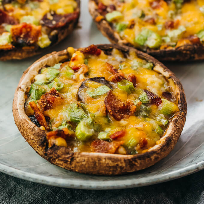 close up view of stuffed and roasted portobello mushroom