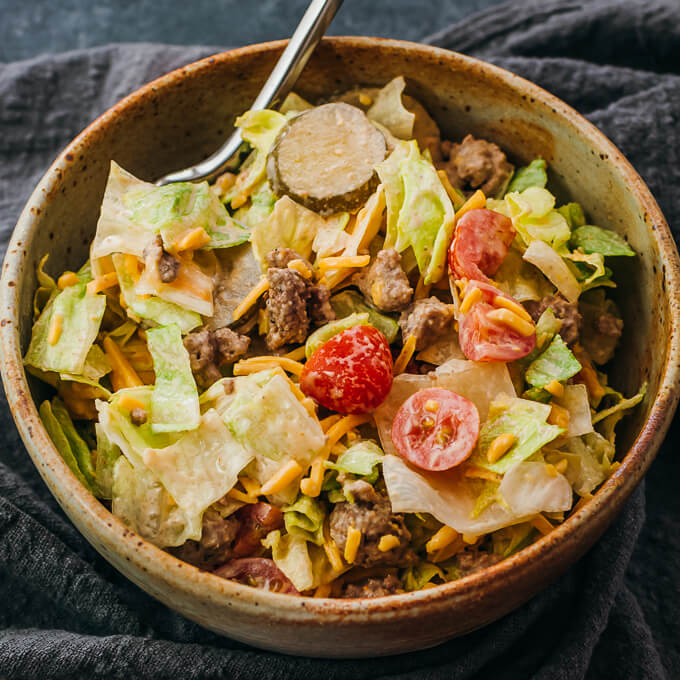 big mac salad served in stoneware bowl