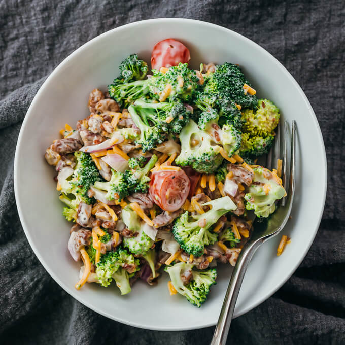 broccoli salad served in white bowl