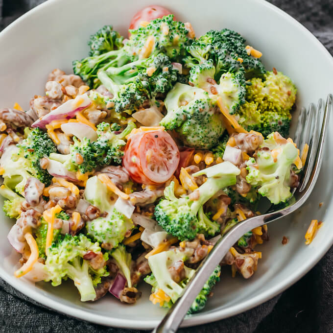 close up view of broccoli salad