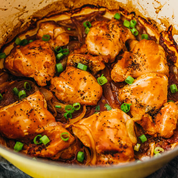 chicken adobo cooking in dutch oven