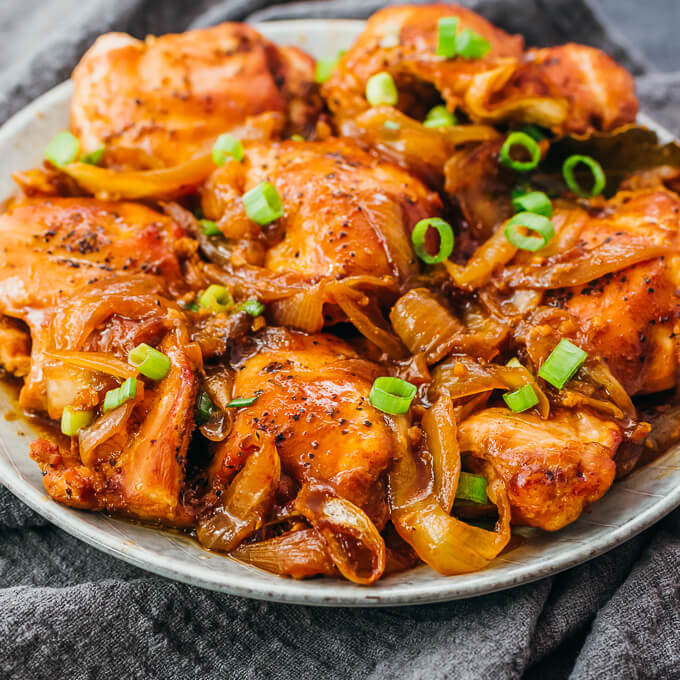 close up view of chicken adobo