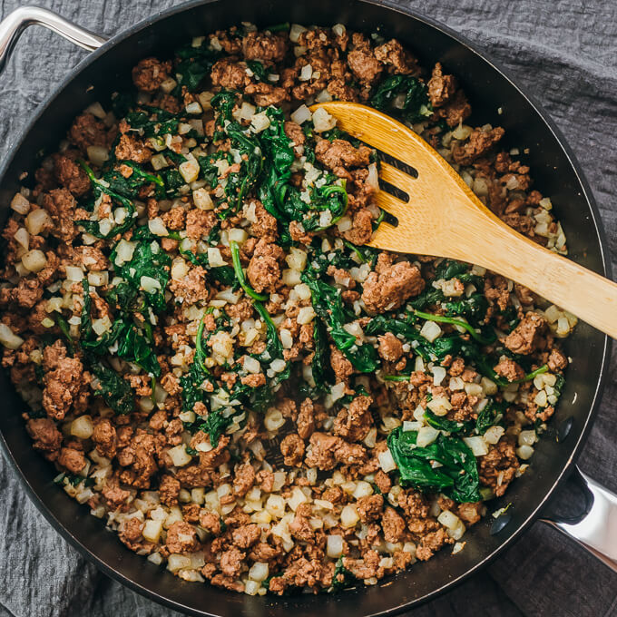 cooking ground lamb with spinach and cauliflower