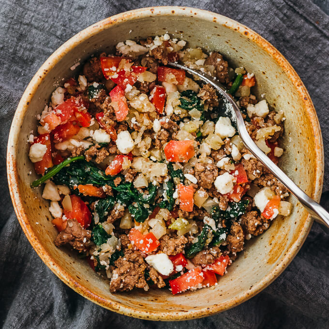 ground lamb bowl with cauliflower rice and spinach