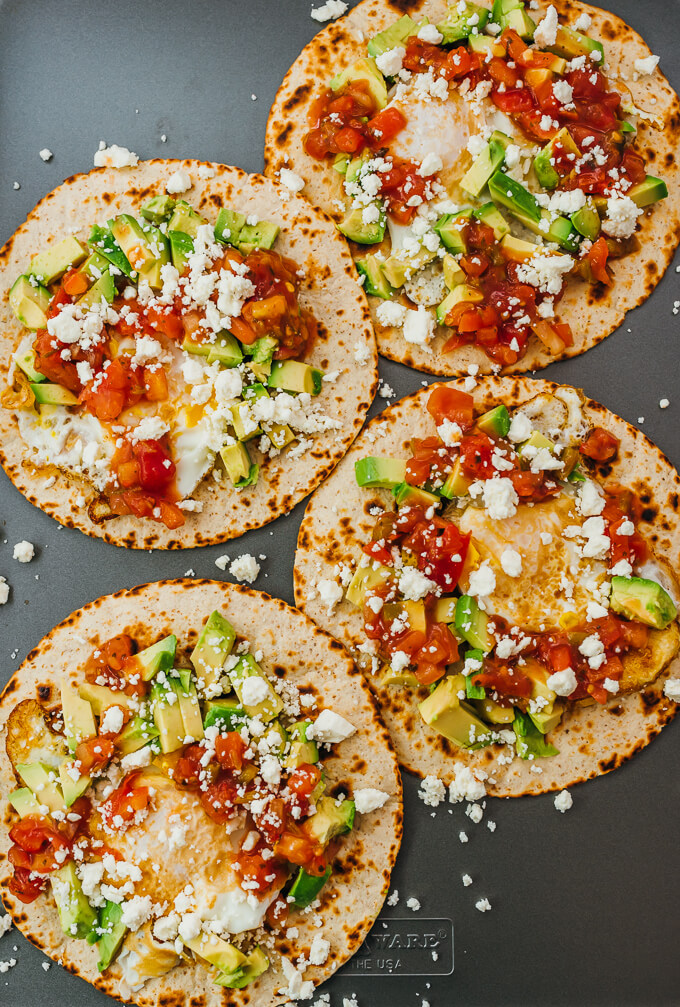 overhead view of four huevos rancheros