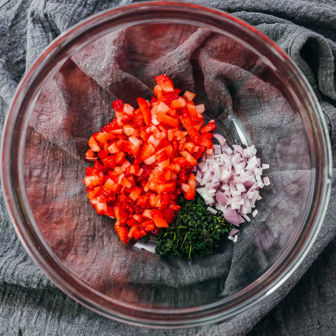 strawberry relish ingredients in glass bowl