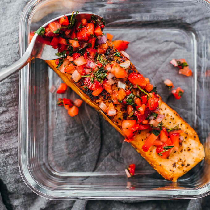 salmon topped with strawberry relish