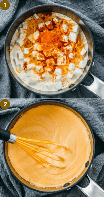 whisking together cheese sauce in pan