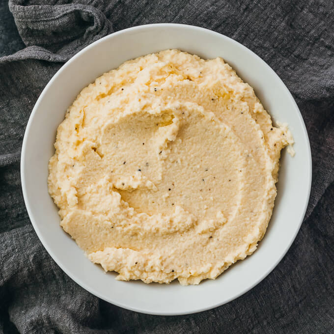 mashed cauliflower served in white bowl