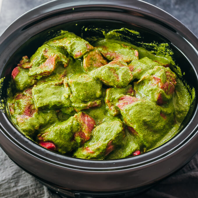 lamb chunks coated with garlic cilantro sauce