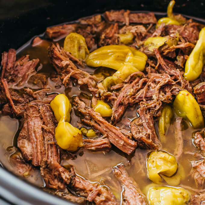 close up view of shredded beef with peppers