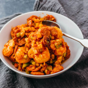 jambalaya served in white bowl